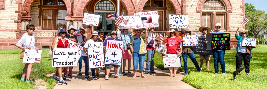 The DeWitt Lavaca County Democratic Women gather at the courthouse on June 6 to rally in support of veteran jobs, healthcare and essential VA services on the anniversary of D-Day. Participants, coming from Cuero as well as Victoria, Shiner, and Hallettsville, marched to the corner of Broad...
