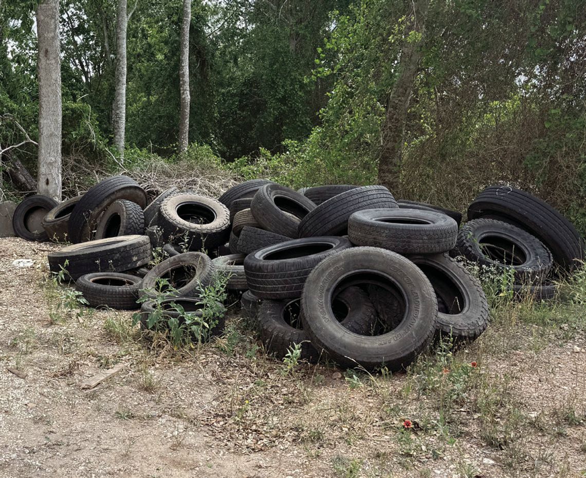 Dozens of commercial tires were recently dumped on Edgar Leesville Rd. in Precinct 2 and will cost approximately $2,200 to clean up. (Contributed by Brenda Lopez of Precinct 2)