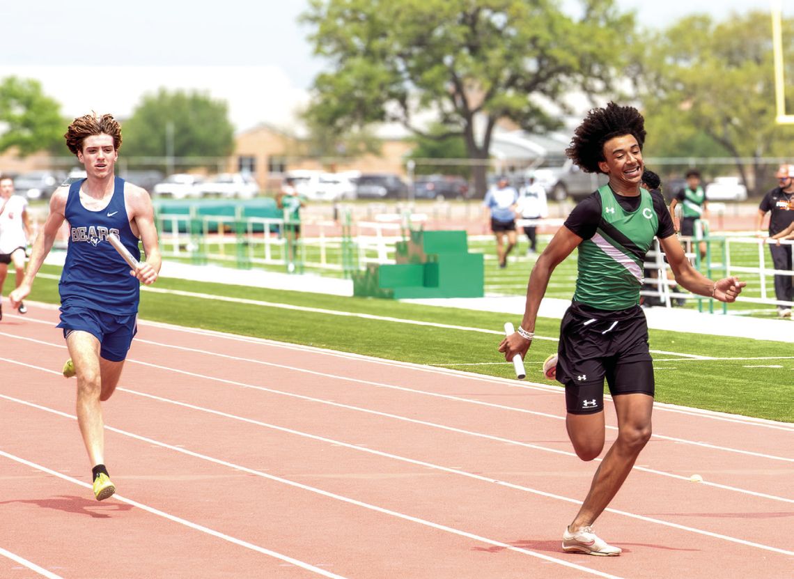 Chris Mathis pulls ahead of the LaVernia runner on the last leg of the 4 x 200 Relay at the District track Meet on April 2. The Gobblers _nished 1st in the relay. (Contributed