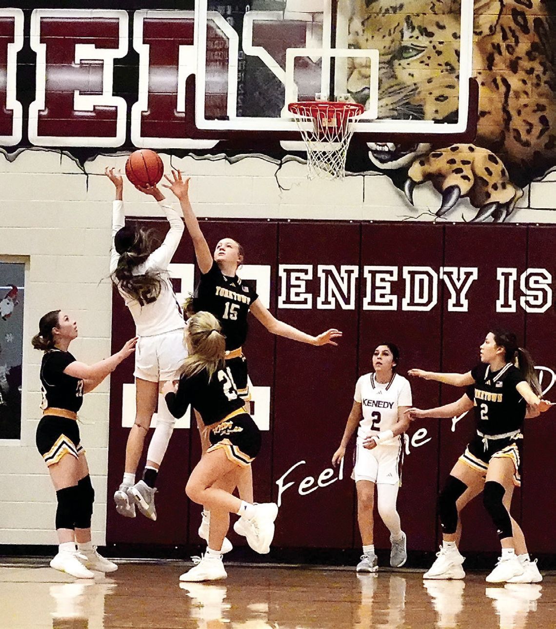Kitty Kat sophomore Gracie Stehling blocks a Kenedy player's shot.