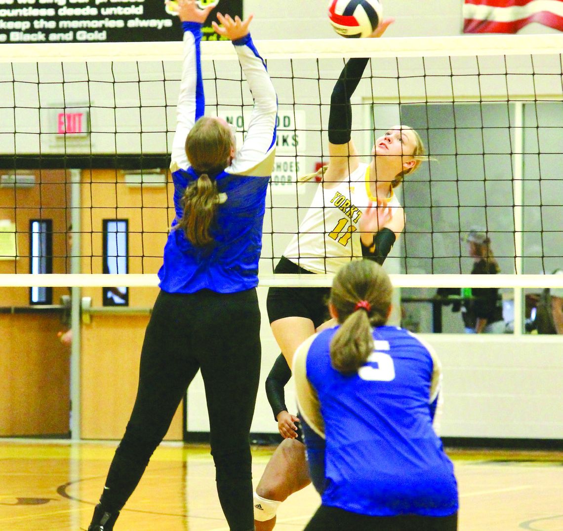 Middle hitter Gracie Stehling kills against Louise in Friday's matchup. PHOTO BY DEIRDRE ALEXANDER