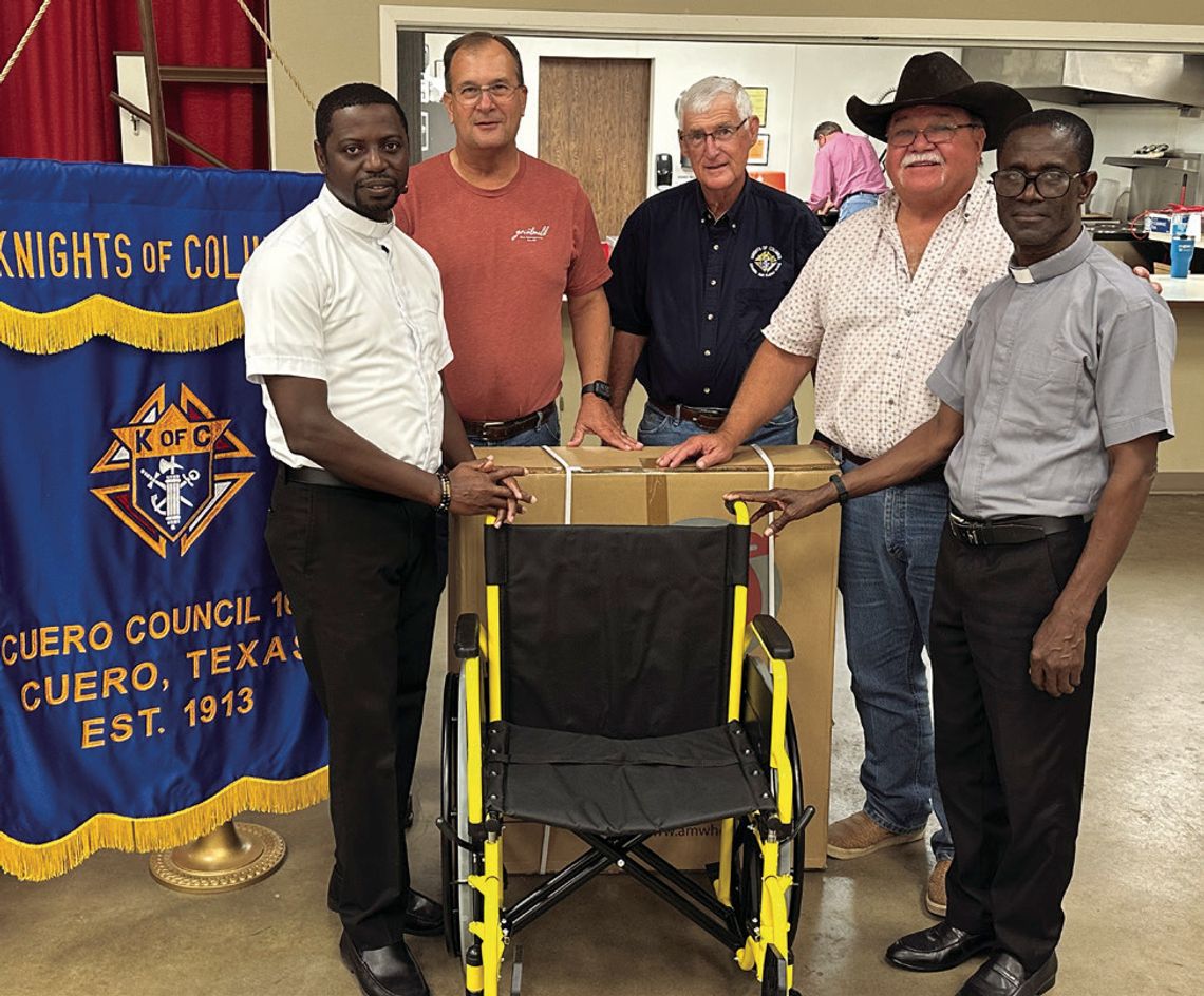 Knights of Columbus donate wheelchairs (L-R): Father Richard Bediako, Bryan Haun (KC wheelchair committee chair), Bill Morrow (KC District Deputy), Ken Klimitchek (Cuero KC Grand Knight), and Father Paul Otchere. CONTRIIBUTED PHOTO