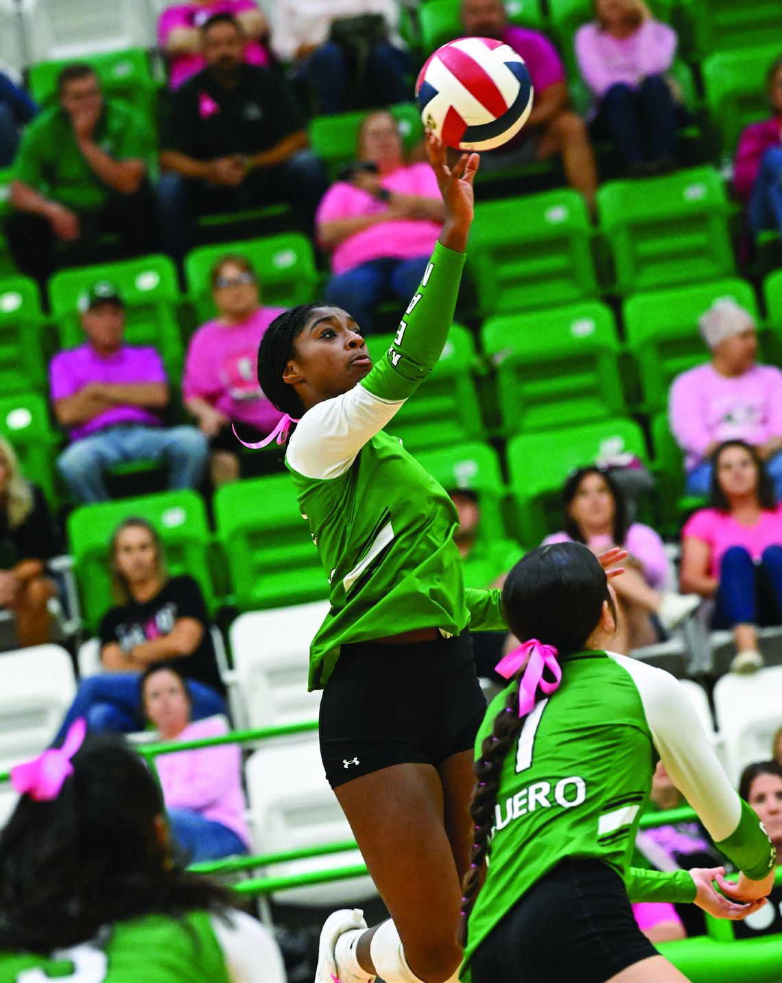 Kyara Denson reaches to place the ball in the Lady Gobbler 3-1 win over SA Memorial on Oct. 4. The team is 26-13 overall and 3-1 in district play with a loss against LaVernia on Oct 8. The next district game is Friday against Gonzales. (Photos by Courtney Kubesch)