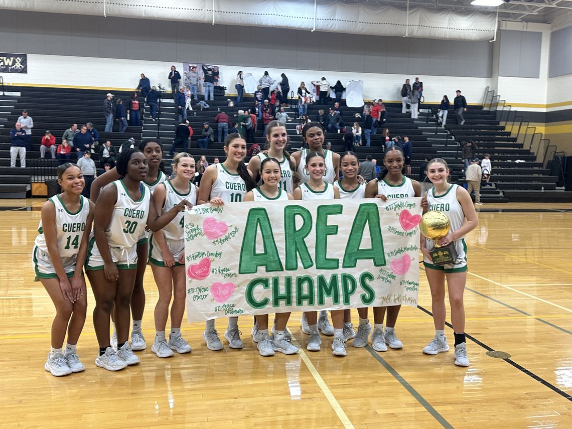 Lady Gobblers celebrate becoming Area Champions, as they defeated Wimberley 58-40. (Photo by Chandra Carbonara)