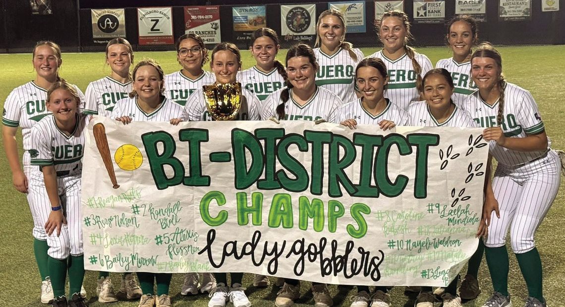 Lady Gobblers celebrate after beating Pleasanton in two games on Thursday and Friday making them Bi-District Champions. (Contributed