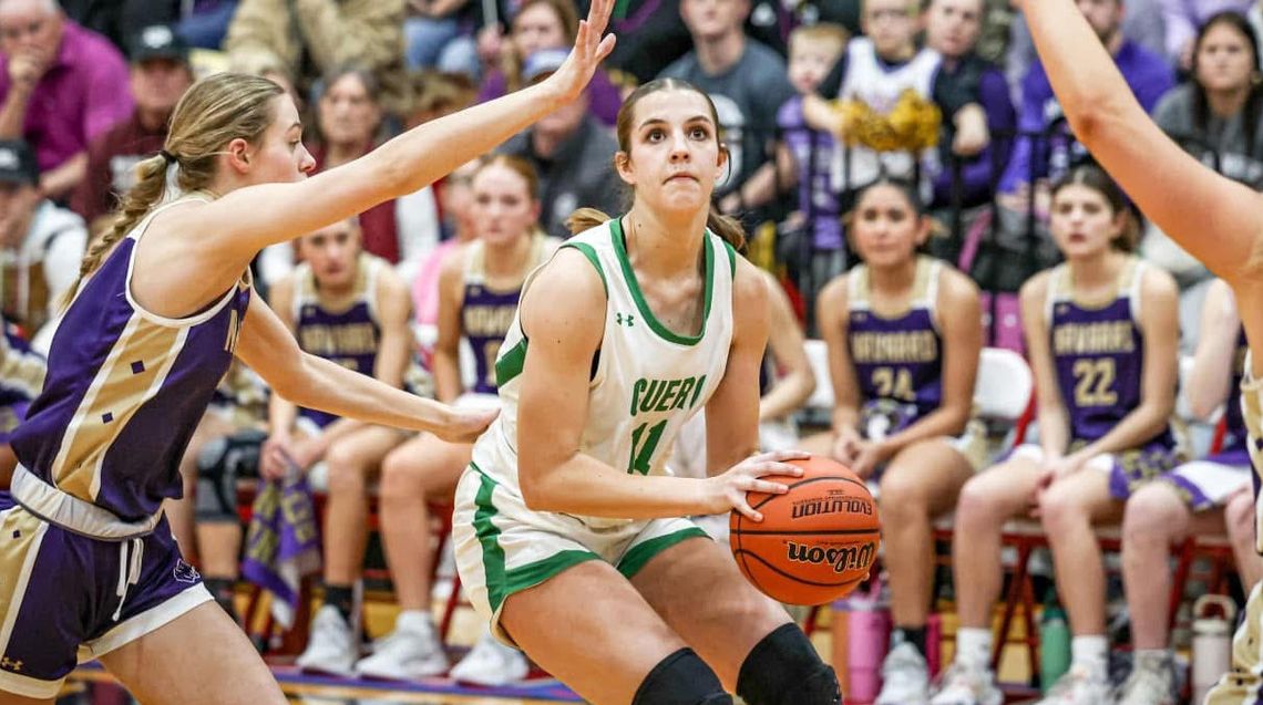 Arissa Carbonara takes a shot at Friday’s winning game against the Navarro Lady Panthers (41-23). After taking the regional championship, the Lady Gobblers head to a state semi-final on Tuesday in Katy. See DeWittCountyToday.com for results. (Photo by Mike Cantu)