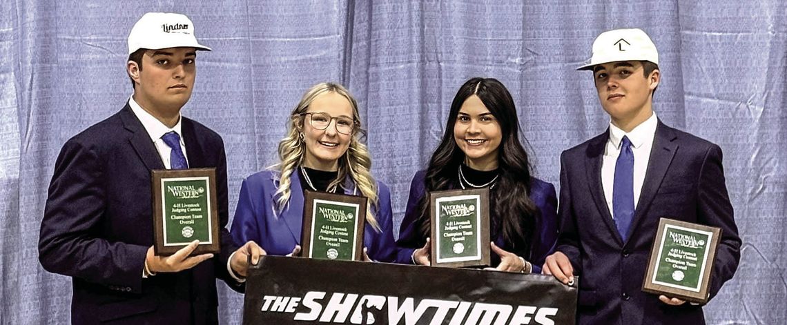 The DeWitt County 4-H Livestock Judging Team secured 1st place at the Western National Roundup on January 10 in Denver, which qualified them for the International Royal Highland Show. Team members (L to R) Nathan Oakes, Jackie Finney, Percy Torrez, and Wyatt Luddeke held their award plaque...