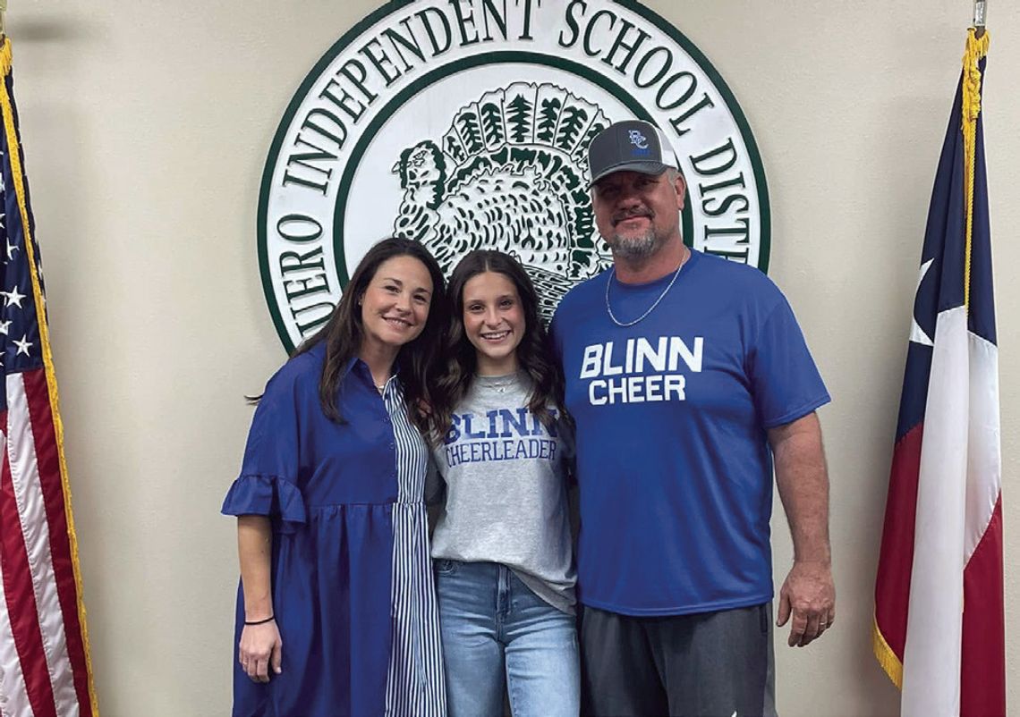 Jaydie Cooper is pictured with her parents Alexis and Justin Cooper after signing a commitment to cheer at Blinn College. (Contributed Photo)