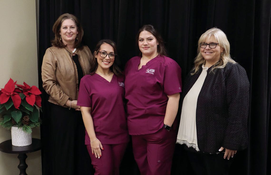 VN Top Graduates photo: Pictured (L-R) are Victoria College President Dr. Jennifer Kent; Abigail Perez and Dakota Ratjen, the 2024 Vocational Nursing Program graduates with the highest GPA; and Dean of Allied Health Darla Strother. Ratjen is from Yorktown. PHOTO BY VICTORIA COLLEGE