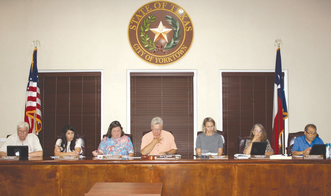The Yorktown City Council meets in City Hall on June 24: (L-R) Mike Rippamonti, Crystal Hurta, Michele Warwas, Mayor Bill Baker, Megan Thomas, Connie Hall and Dickey Rodriguez. A number of subjects were discussed, including a $5,000 a month dip in sales taxes. CONTRIBUTED PHOTO