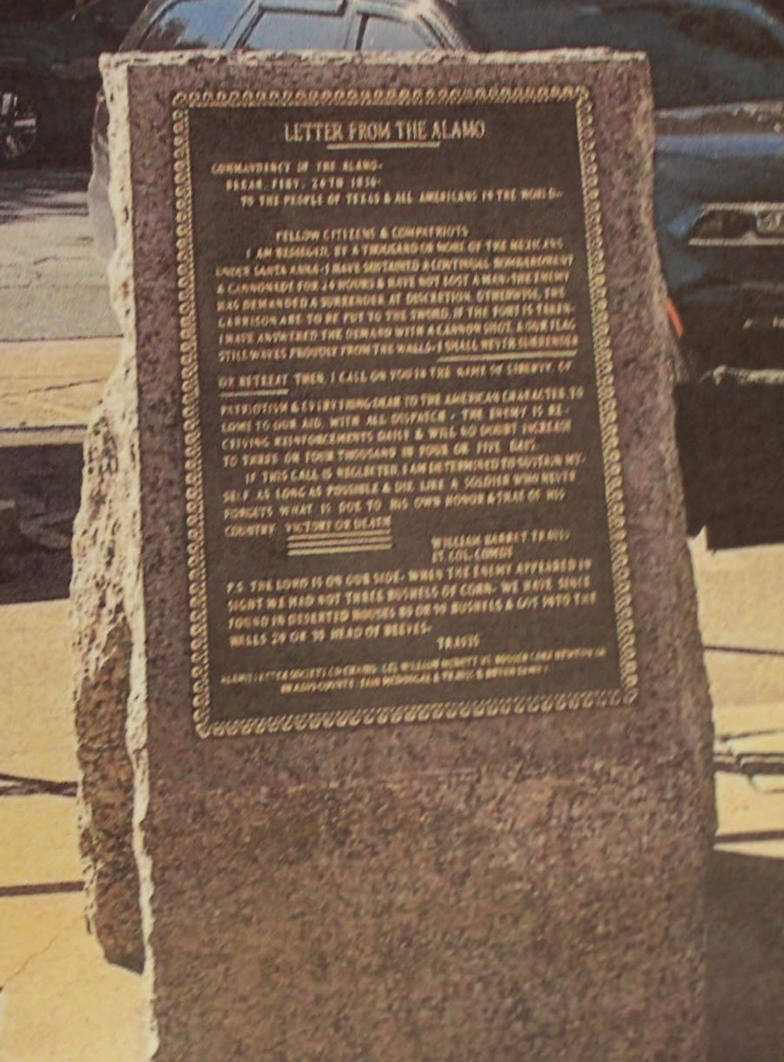 Photo of Travis’ Letter from the Alamo monument in Brazos County