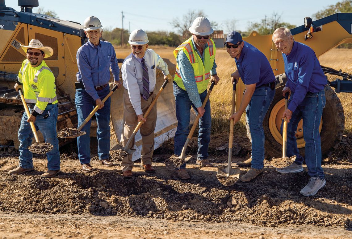 Commissioners Court, Westhoff School Board Members, and TxDot break ground for the FM 240 bypass of Westhoff ISD on November 25: (L-R) Ryan Varela, commissioner, PCT 1; Curtis Afflerbach, former commissioner, PCT 1; Daryl Fowler, county judge; Jim Wilson, CE Barker Ltd; Andrew Weikel, WISD...