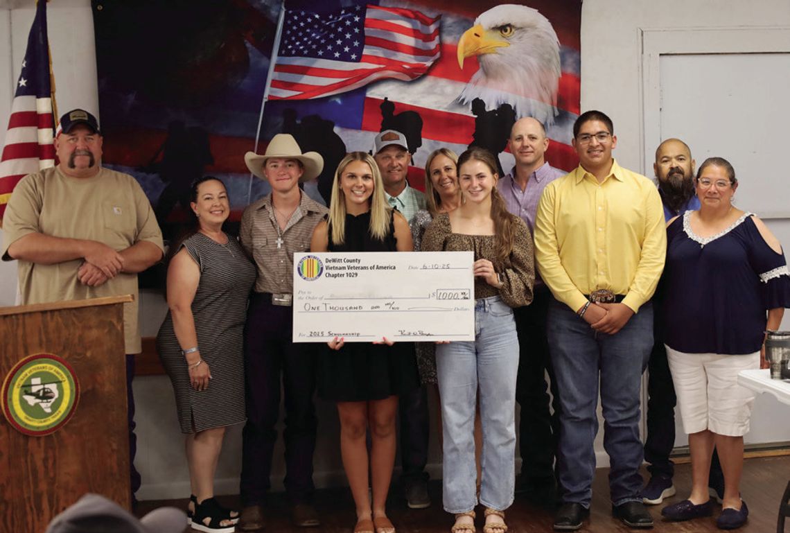 This year’s DeWitt County VVA Scholarship winners gather with their families at the awards dinner on June 10. Graduates pictured near the symbolic check, from left, Jackson Tam of Nordheim, Alexis Flessner of Cuero, Olivia Joyt of Yoakum and Pedro Villanueva of Nordheim. Not pictured is Co...