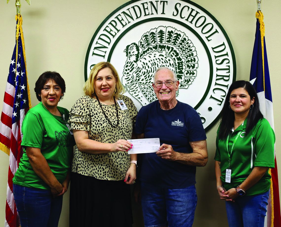 Hochheim Prairie Insurance Branch 2 in Cuero makes a $200 donation to Cuero ISD for student school supplies. Pictured L-R are Nora Garcia, CISD student services liaison, Kim Fleener, CISD Asst. Superintendent, Ronnie Dietz, president of Hochheim Branch 2, and Monica Barrera, McKinney Vento...
