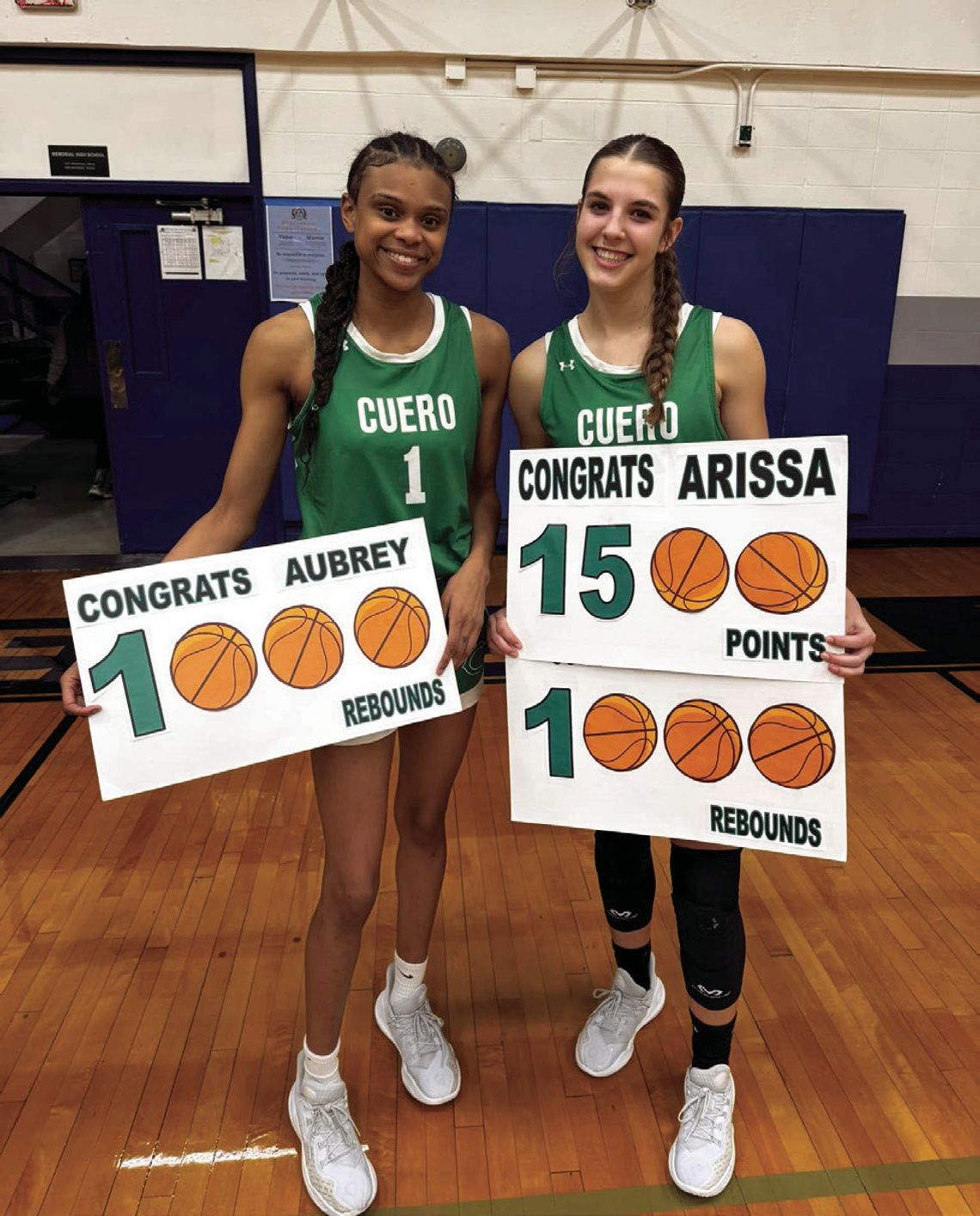 Both Aubrey Bowles, left, and Arissa Carbonara, right, hit milestones during the San Antonio Memorial district game. Aubrey Bowles has exceeded 1000 rebounds in her career, and Arissa has more than 1500 career points and has surpassed 1000 career rebounds. (Contributed Photo)