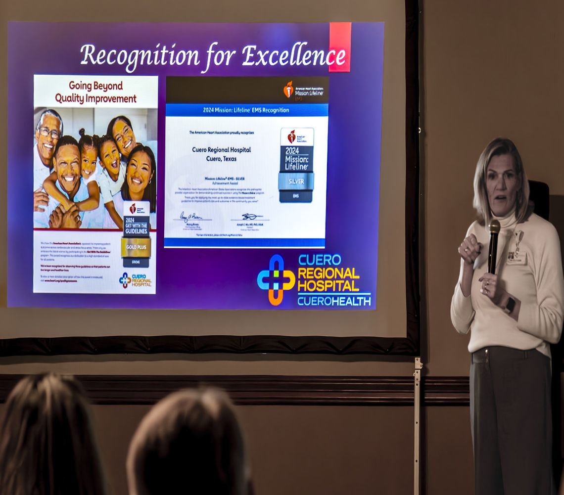 Cuero Regional Hospital CEO Lynn Falcone highlights the hospital’s accomplishments of 2024 at the Cuero Chamber of Commerce “State of Cuero Business” luncheon on January 29. County and city officials updated attendees on events as well as outlined goals for 2025. See story on Page 13 (Phot...