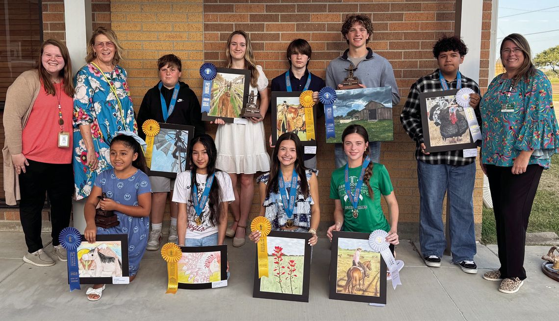 Cuero ISD art students excelled at this year’s Houston Livestock Show art contest. Front, from left, Layla Malagon, Crystal Gutierrez Contreras, Emily Woods, and Hope Cooper. Back, from left, Kelli Dingle, Kelle Clark, Riley Dickens, Morgan Zengerle, Hunter Pfenninger, Eli Garrett, Donovan...