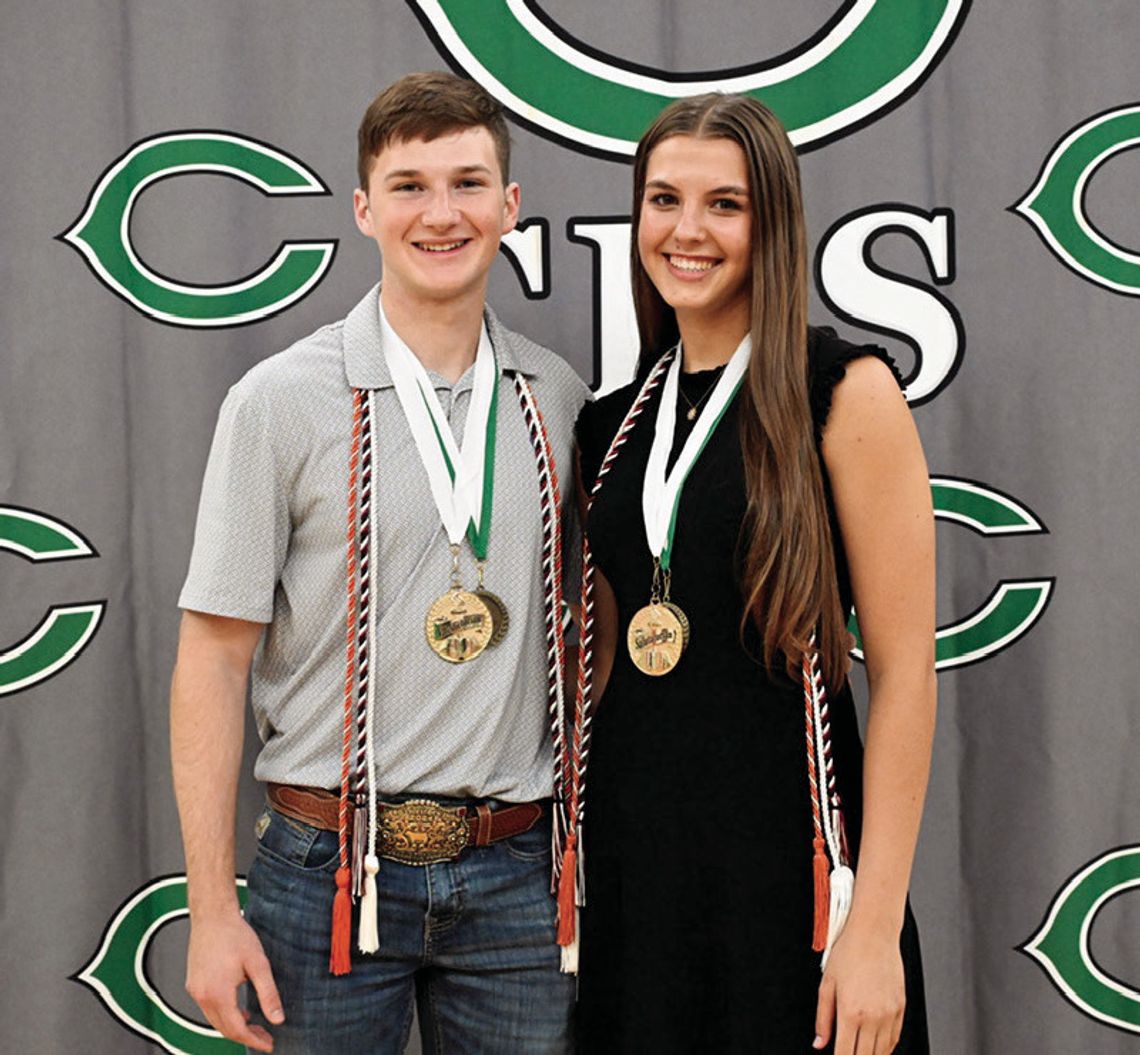 J.R. Bishop and Arissa Carbonara pause after the recent Cuero High School Awards Ceremony with their medals for valedictorian (Bishop) and salutatorian (Carbonara).