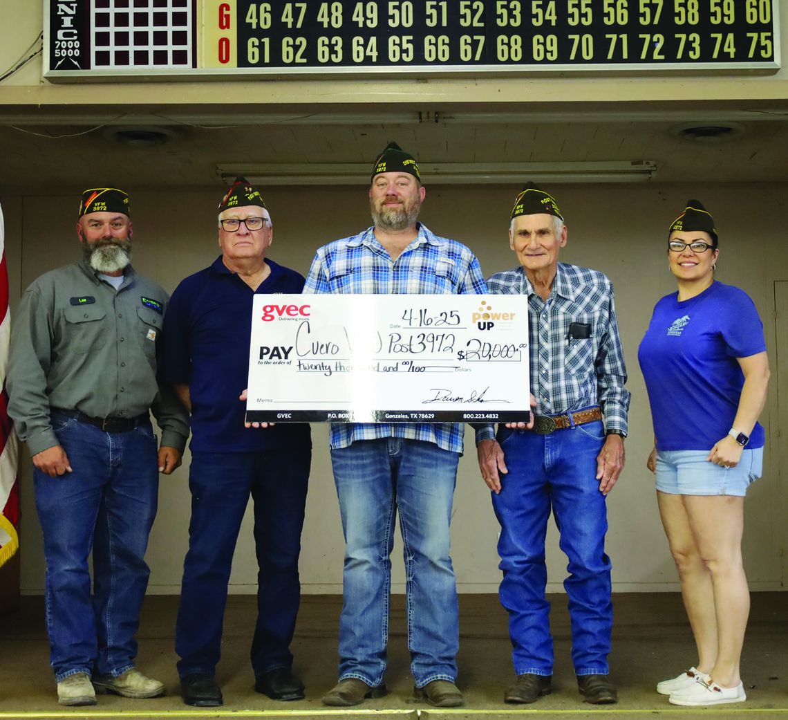 GVEC awarded the Cuero VFW a $20,000 grant for the roof repair, which cost nearly $60,000. Shown from left, Lee Hernandez, vice president; Harold Hartman, previous commander; Post Commander Jeff Zengerle, post commander; Bobby Schley, previous commander; and Rosi Hernandez, secretary. (Sta...