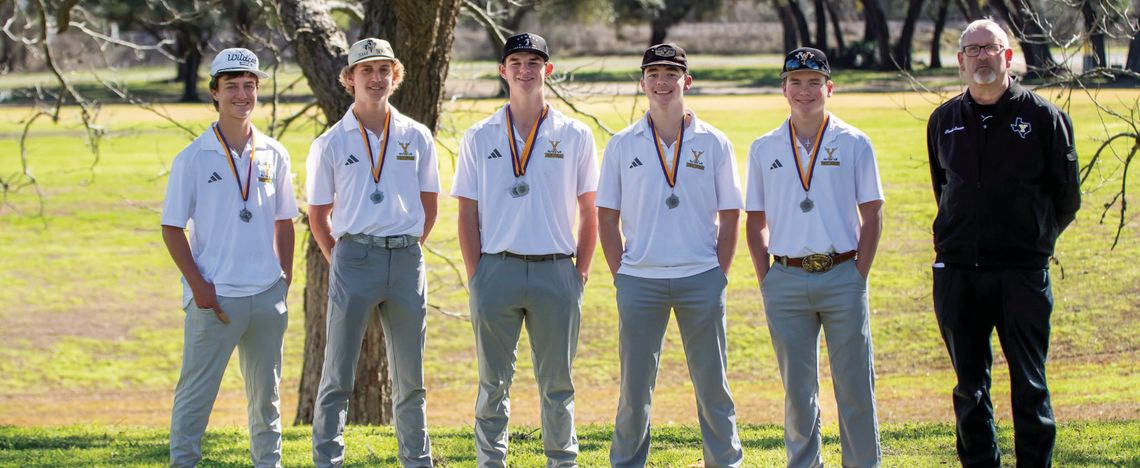 YHS golfers, from left, Kolton Eckhardt, Brody Metting, Cameron Willis, Connor Saunders, Colton Rogers, and Coach Leason. PHOTO BY KARISSA ECKHARDT