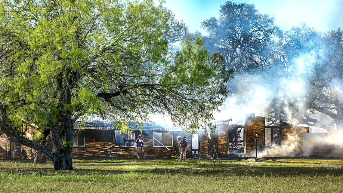 Multiple agencies responded to the fire in Yorktown on March 24. County residents are reminded that a Burn Ban has been issued.. Unfortunately, the home was a total loss, but no injuries were reported. Once the fire reached the attic, it was difficult to control. (Photo by Ele Chew)