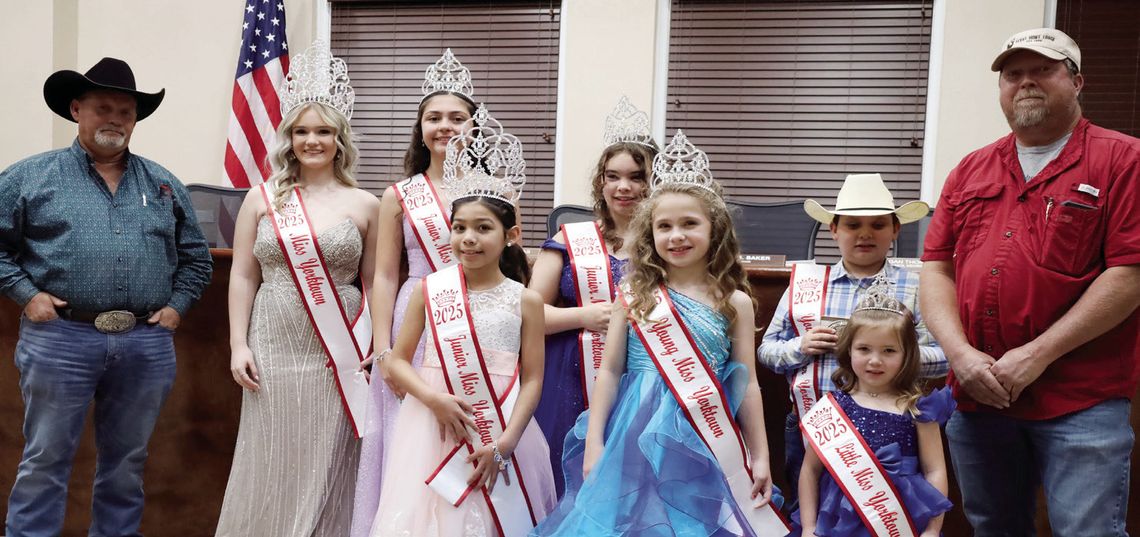 The newly crowned 2025 Miss Yorktown Court with Western Days Vice President Wesley Clayton, on left, and President Chad Buesing, on right. STAFF PHOTO